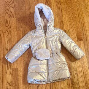 Le Chic Metallic Gold Puffer Winter Coat / Parka with Furry Belt Bag